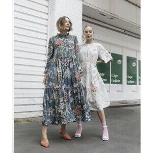 H&M GP&J BAKER Dress viscose Tea Garden Pastel Floral Birds Midi Sz 8 NWT